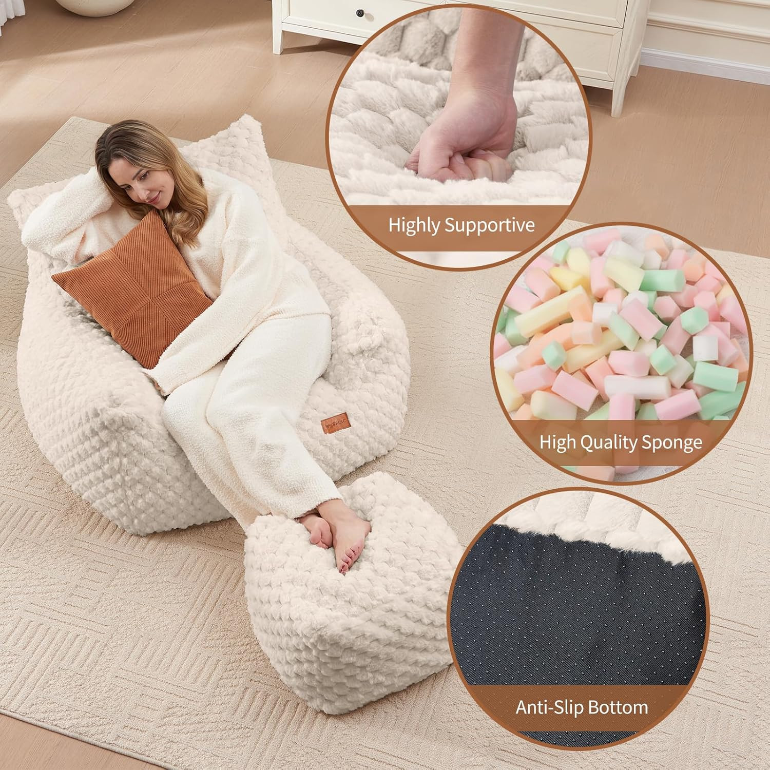 Giant Faux Fur Bean Bag Chair with Ottoman – Comfy Lounge Sofa for All Ages