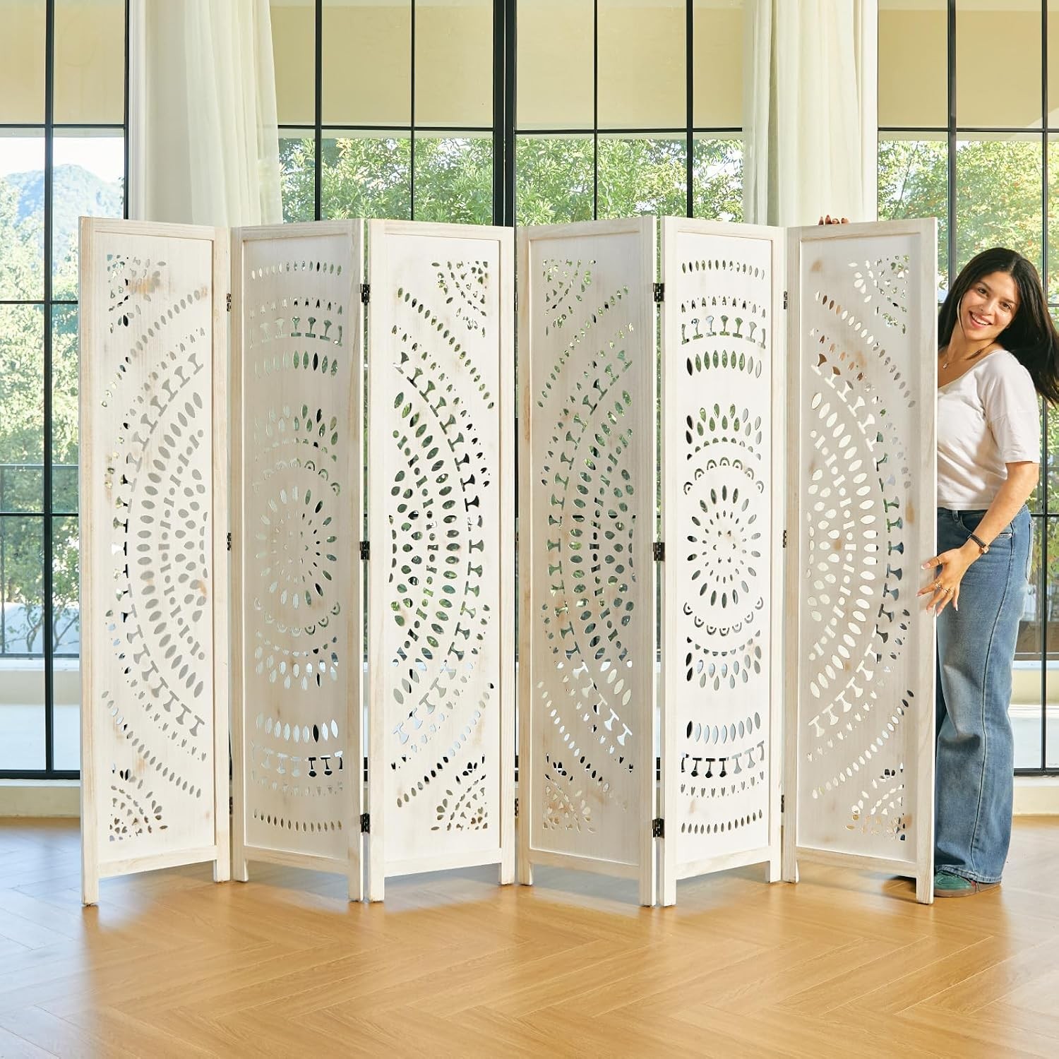 Room Divider Wood Carved Wall Divider Indoor Folding Bohemian Style Portable