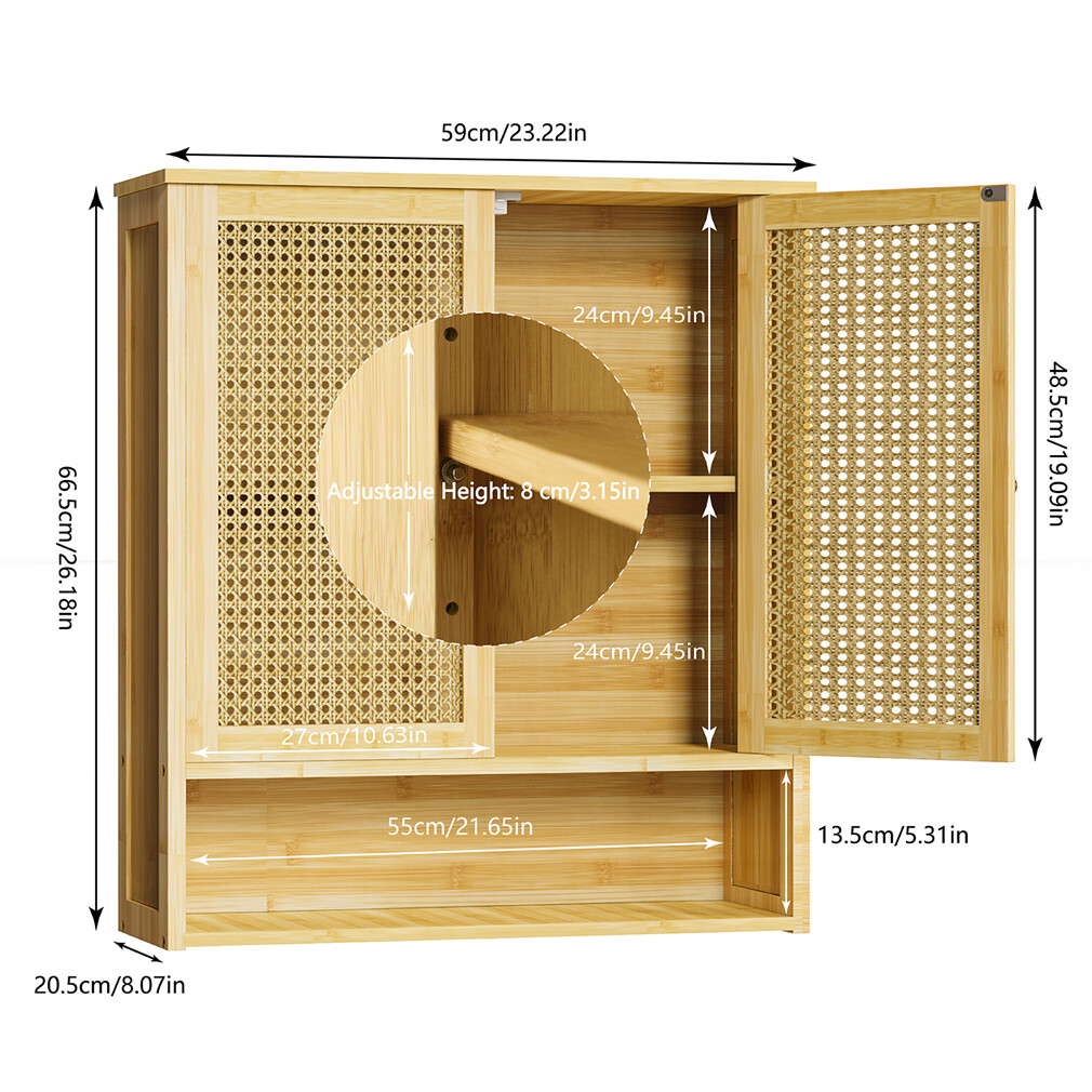 Bamboo Bathroom Wall Cabinet Space Saver Kitchen Storage Hanging Cupboard 2 Door