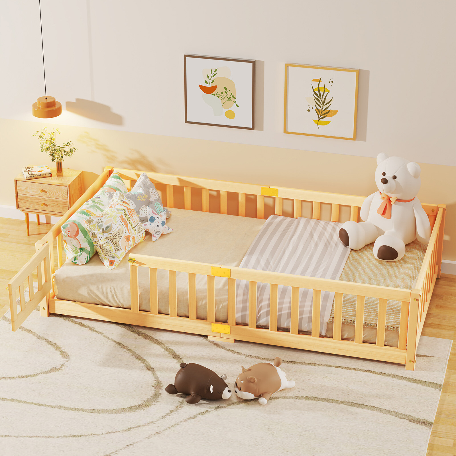 H&ZT 78″Lx42″W Toddler Floor Bed, Montessori Floor Bed with Rails Lockable Door