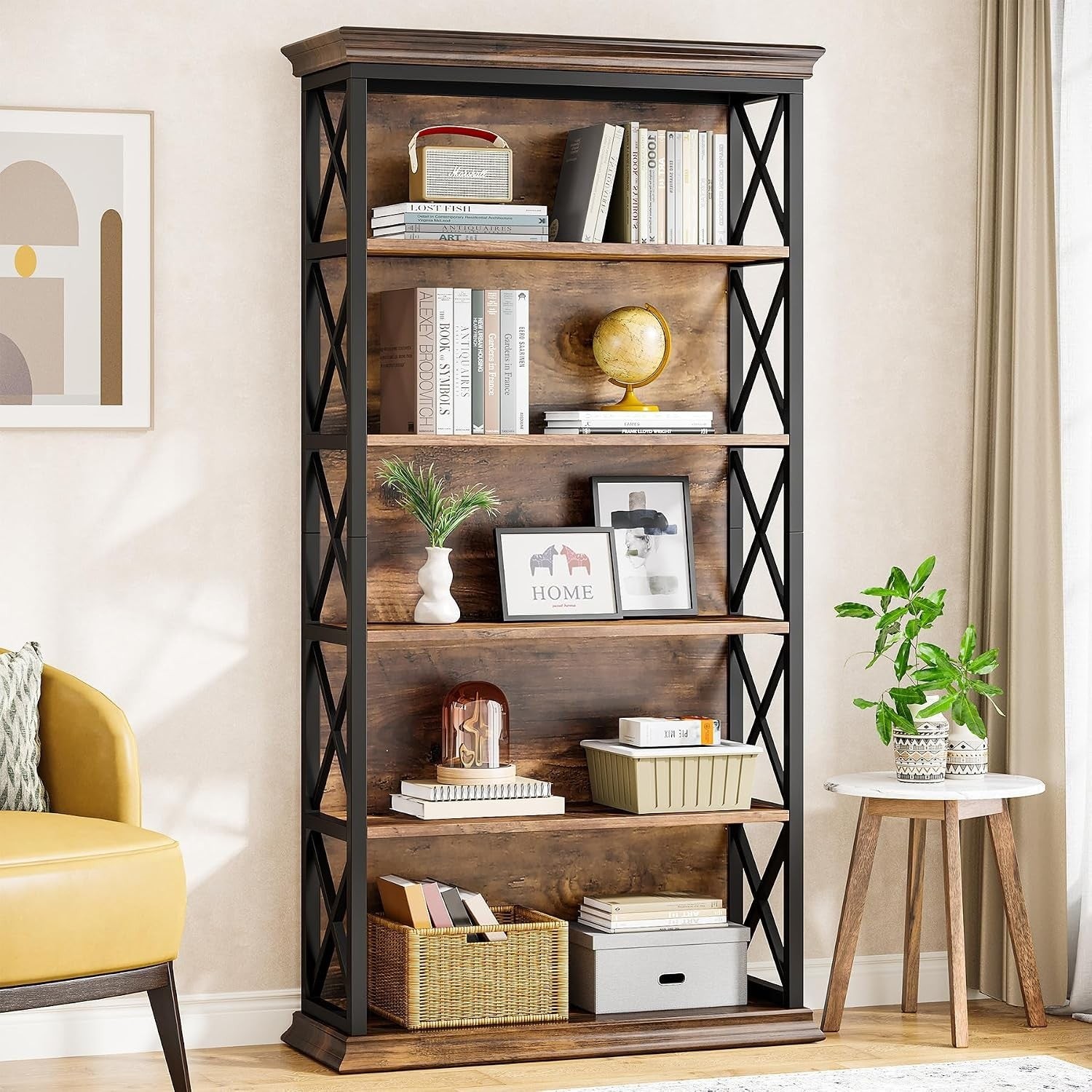 6-Tier Bookshelf, 70.87″ Etagere Metal and Wooden Bookcase for Home Office