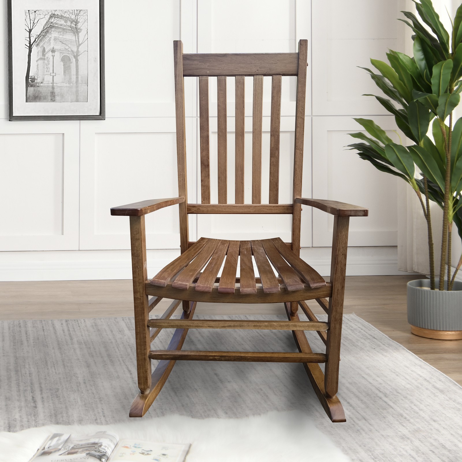 Adult Rocking Chair for Balcony Porch Brown Solid Wood 250LBS