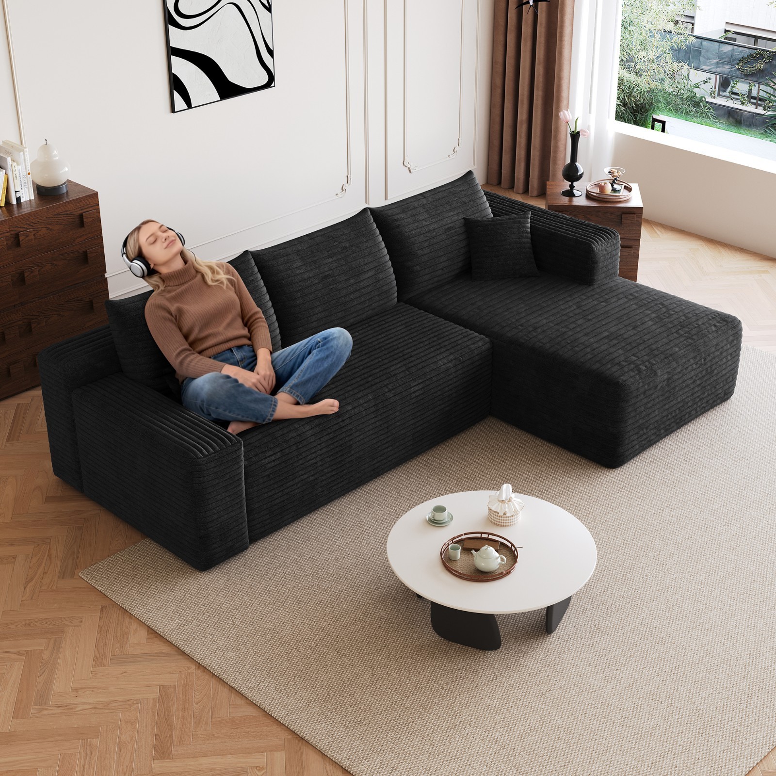 95″ Boneless Couch L Shape Sectional Cloud Sofa Set Right Chaise for Living Room