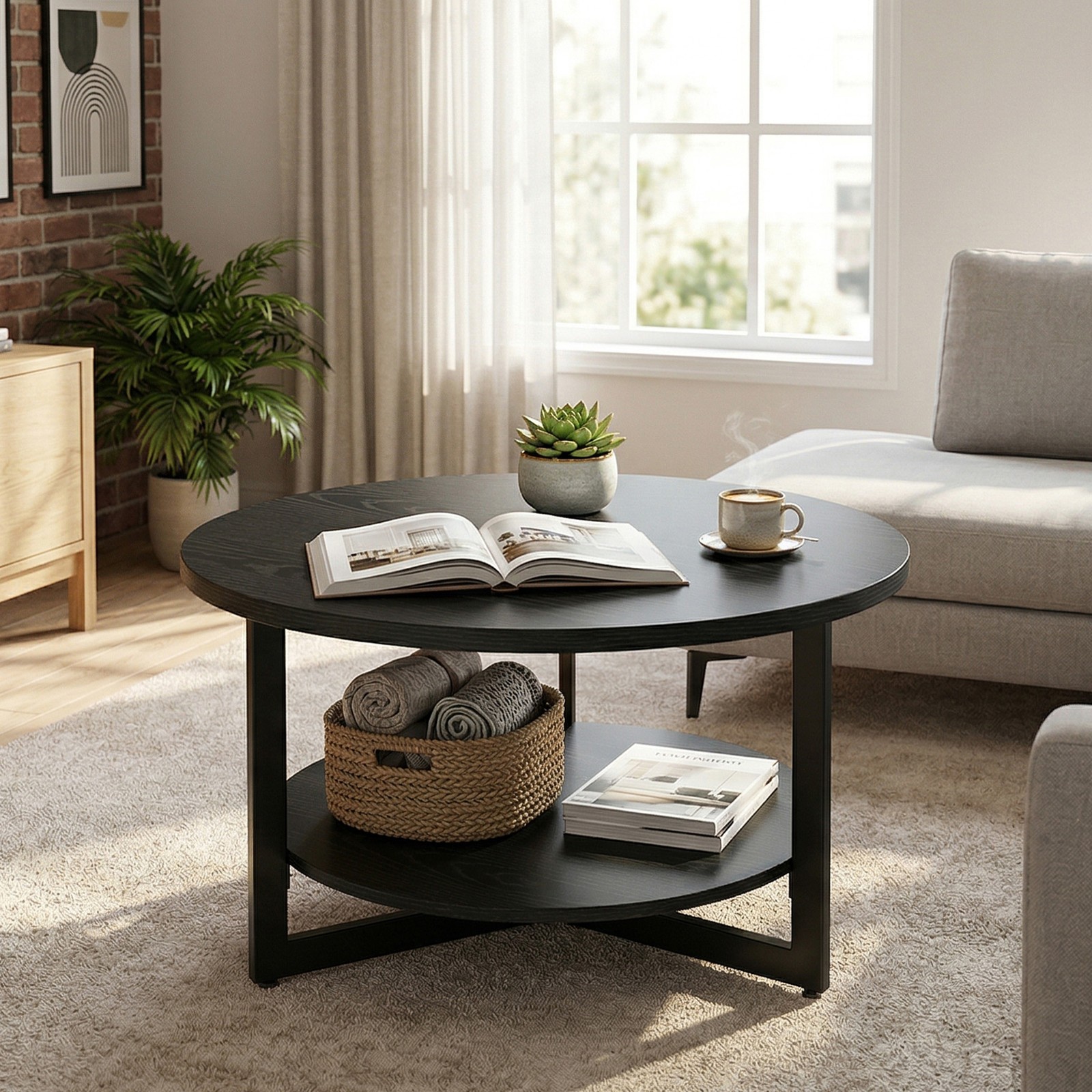 31.5in Round Coffee Table Double Tier Storage Shelf Industrial Living Room Furni
