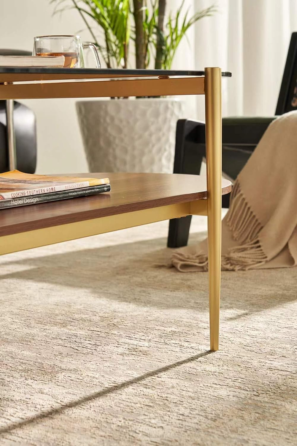 Oval Coffee Table, Mid-Century Modern Design, 2-Tier Structure, Amber Glass Top