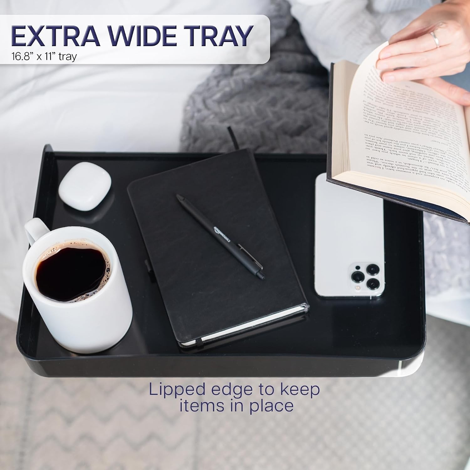 Compact 17-Inch Bedside Shelf for Laptops & Drinks: Space-Saving Design in Black