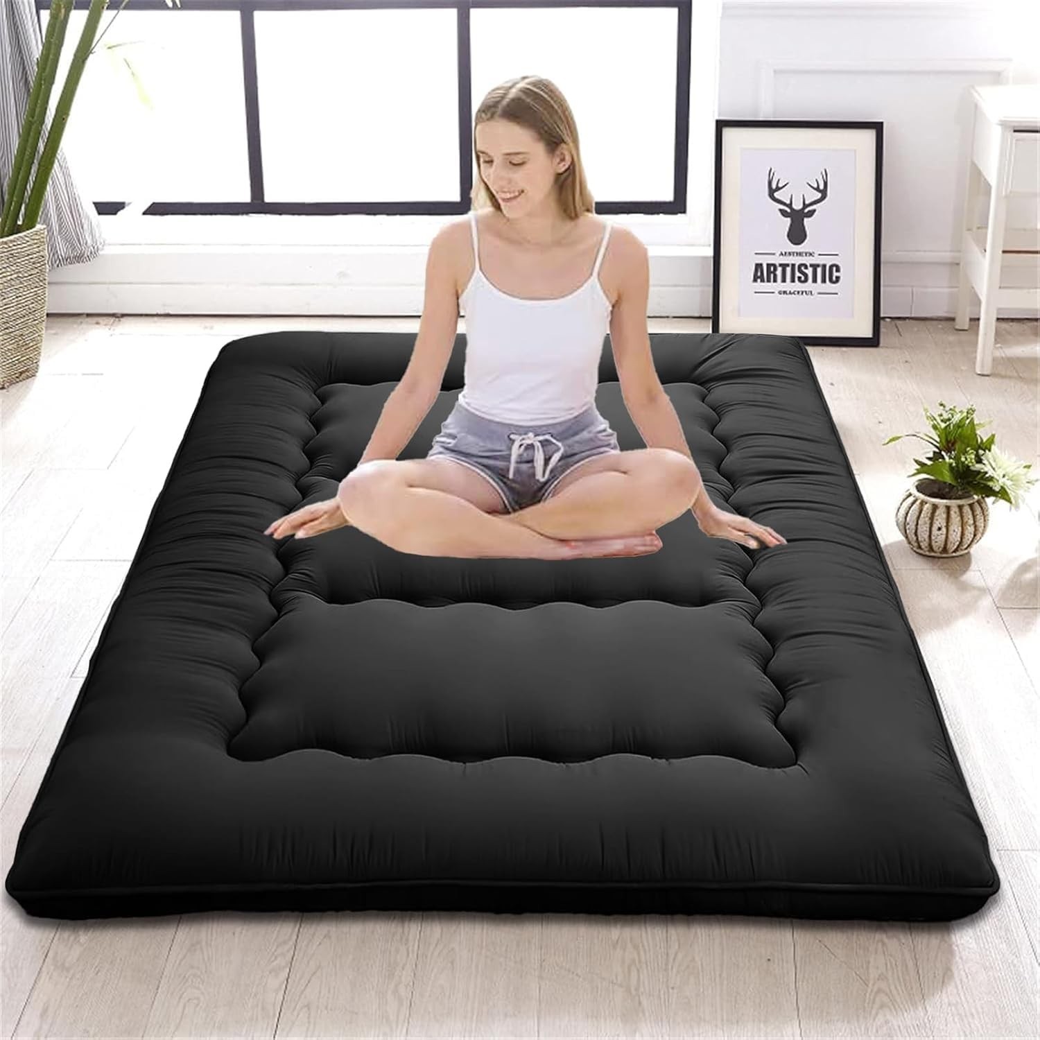 Japanese Floor Mattress Thicken Foldable Tatami Futon Black Queen 80″x60″