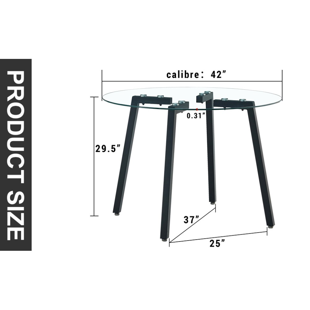 Modern Round Tempered Glass Table, Black Metal Legs, 42x42x29.5″, 1123