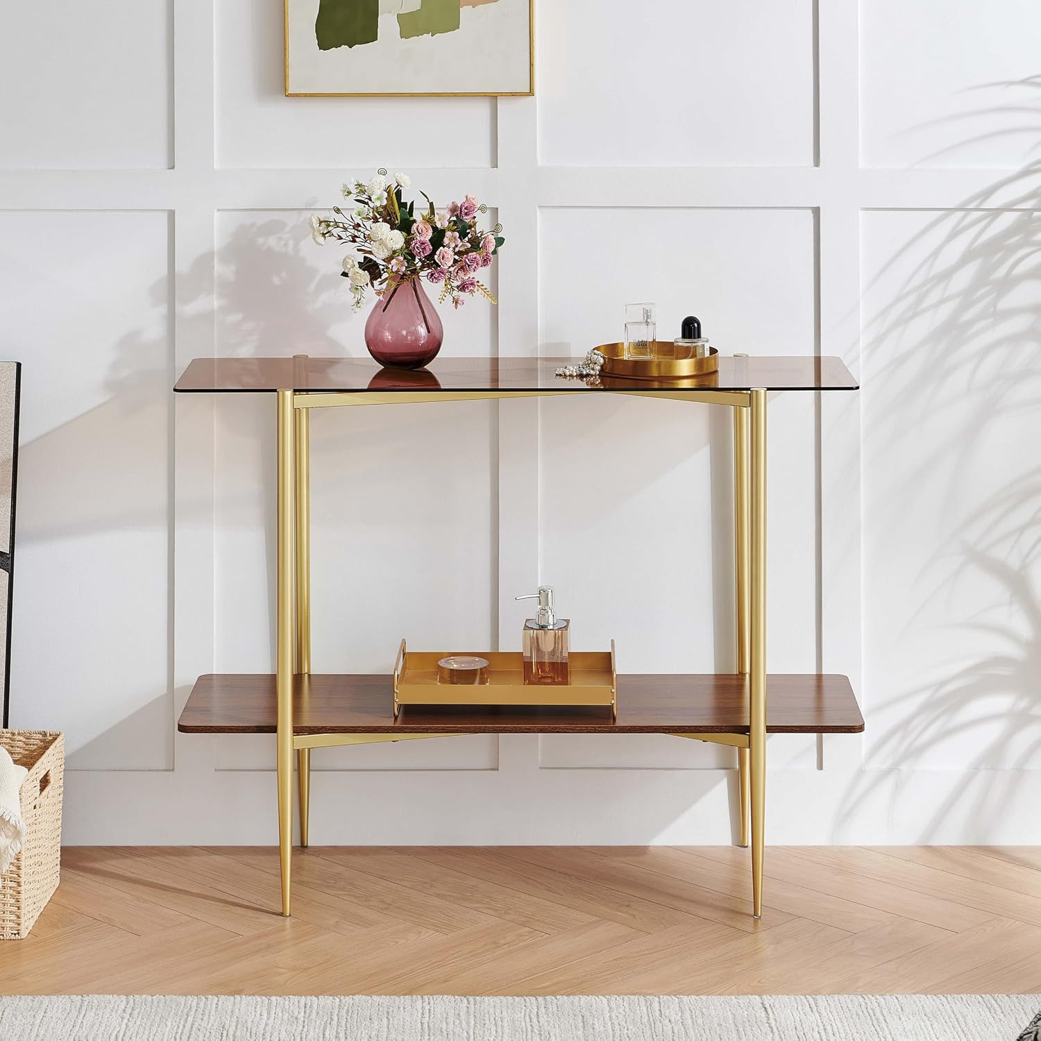Mid-Century Modern Rectangle Glass Console Table with Walnut Shelf & Gold Legs