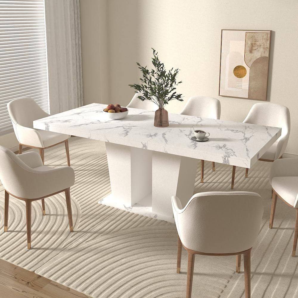 Extendable White Marble Dining Table for 6-10, Modern Rectangular Design