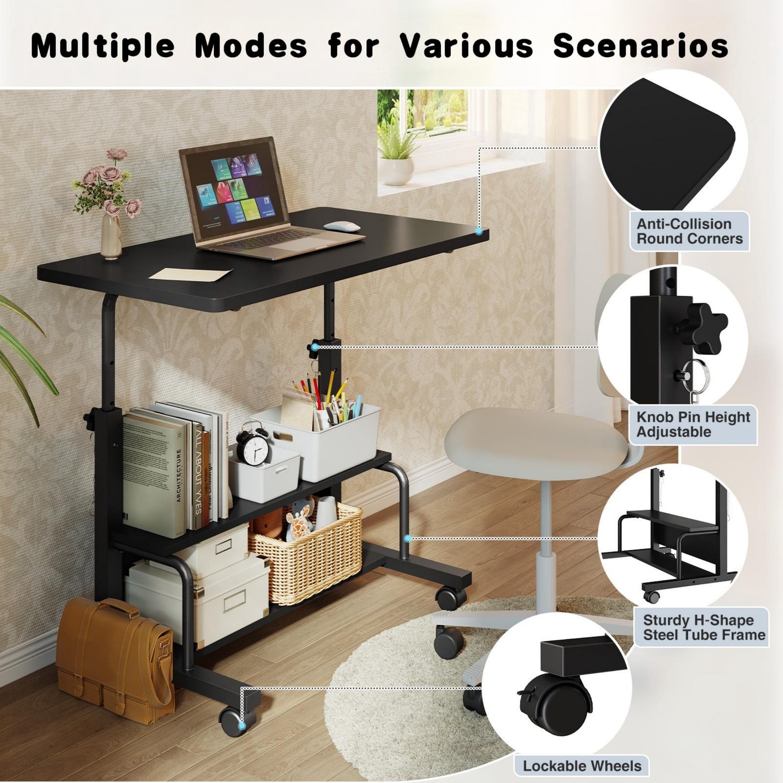 31.5” Adjustable Height Rolling Computer Desk with Storage Shelves,