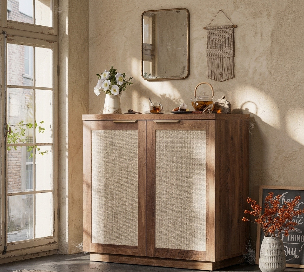 NEW Boho Rattan Sideboard Buffet Cabinet, Farmhouse Kitchen Storage Organizer