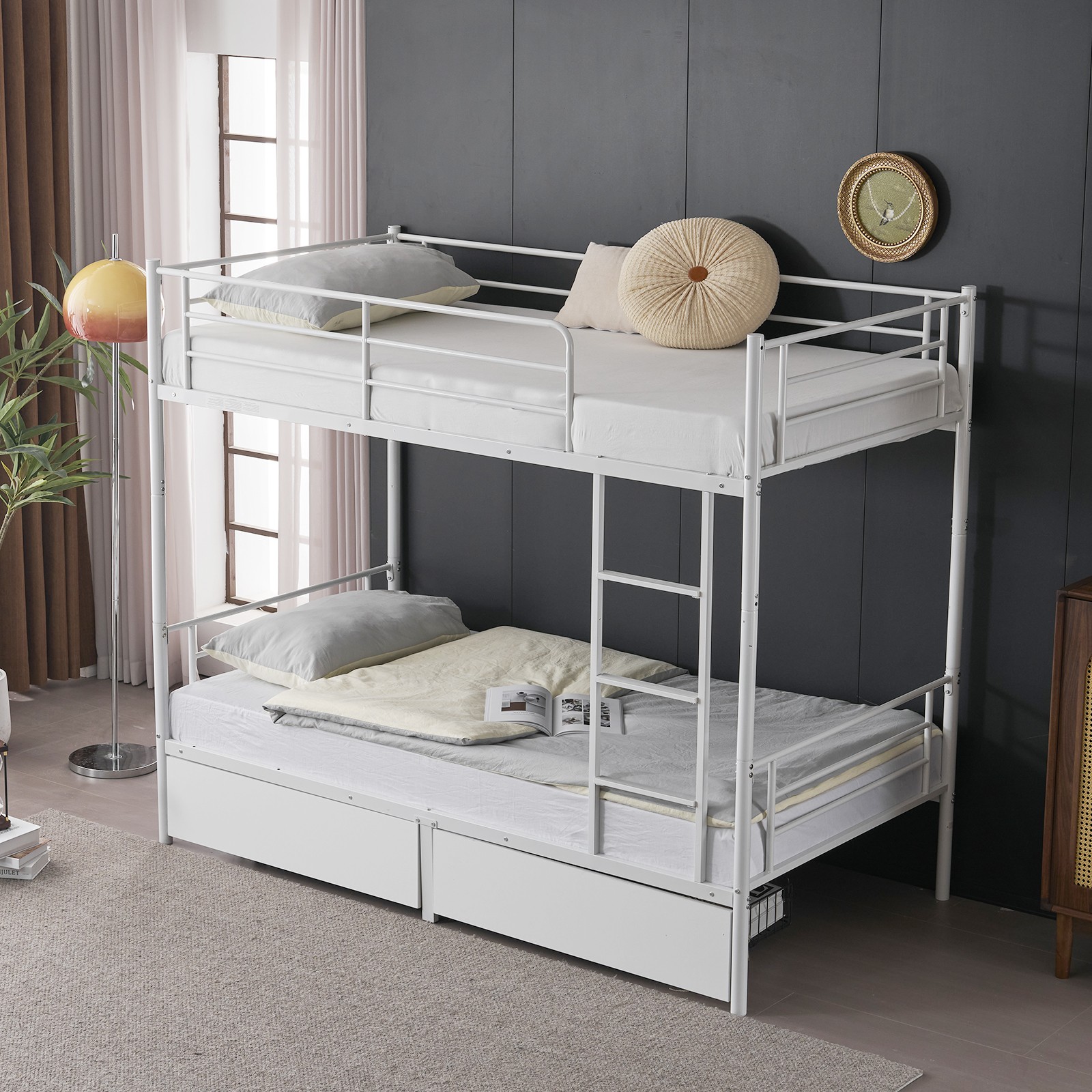 Twin Over Twin Convertible Bunk Bed with 2 Storage Drawers, Metal Bunk Bed White