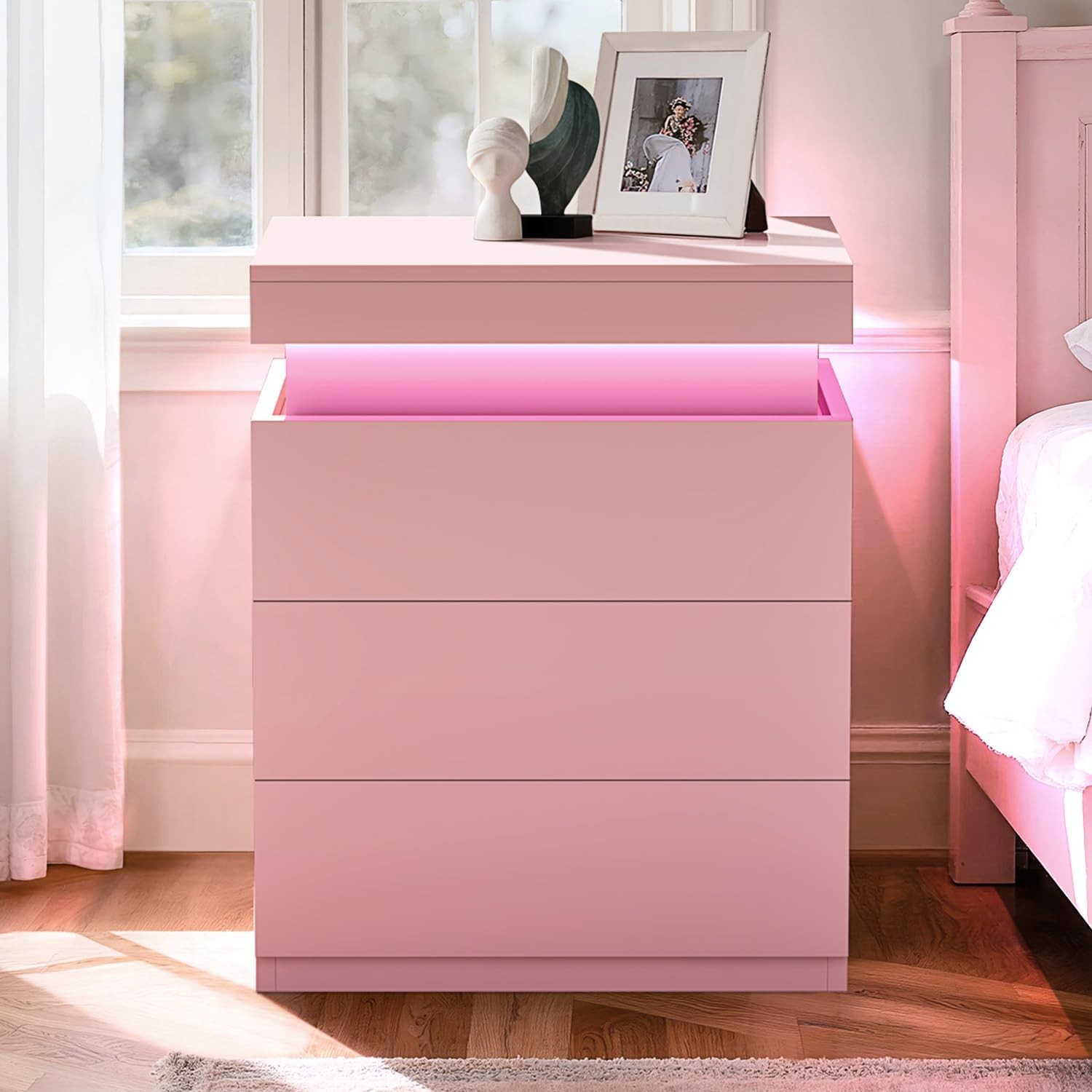 Nightstand with Charging Station and LED Lights,Night Stand with Sliding Top