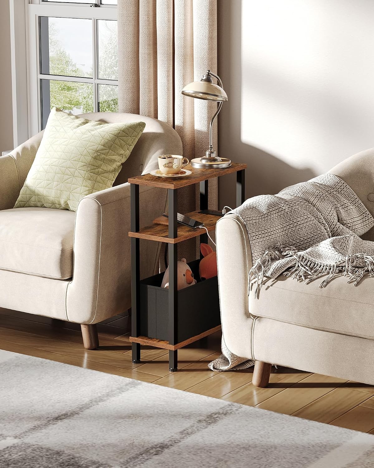 Rustic Brown Narrow Side Table with Charging Station & Fabric Storage Basket