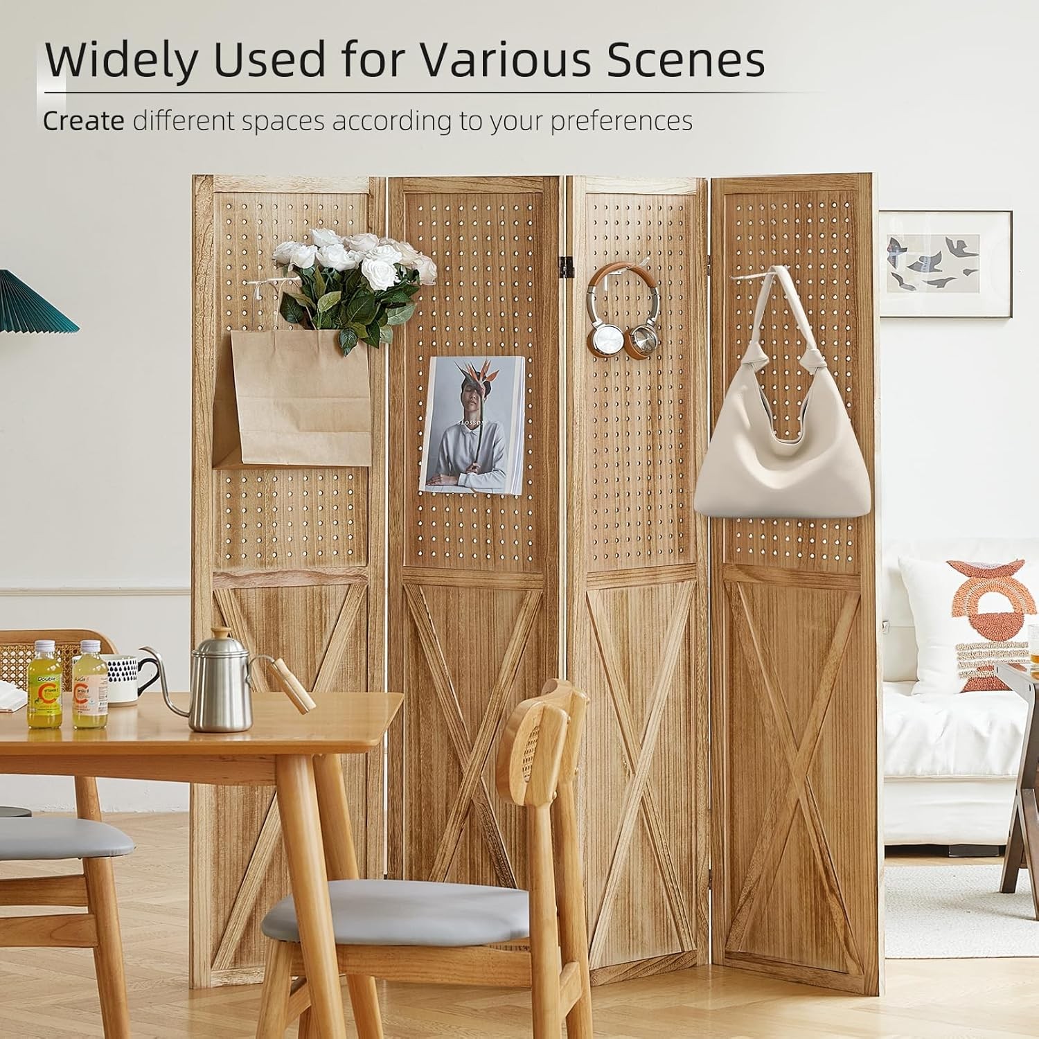 Pegboard Display 4 Panel Room Divider, Peg Board Divider Panel, 5.6Ft Wood