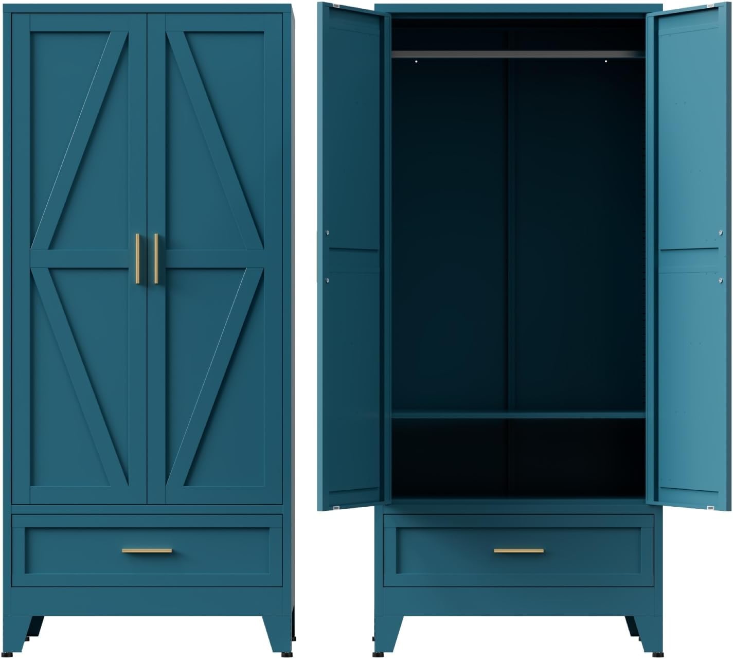Armoire Wardrobe Closet W/ Drawers & Hanging Rod 71” Metal Wardrobe Closet W/