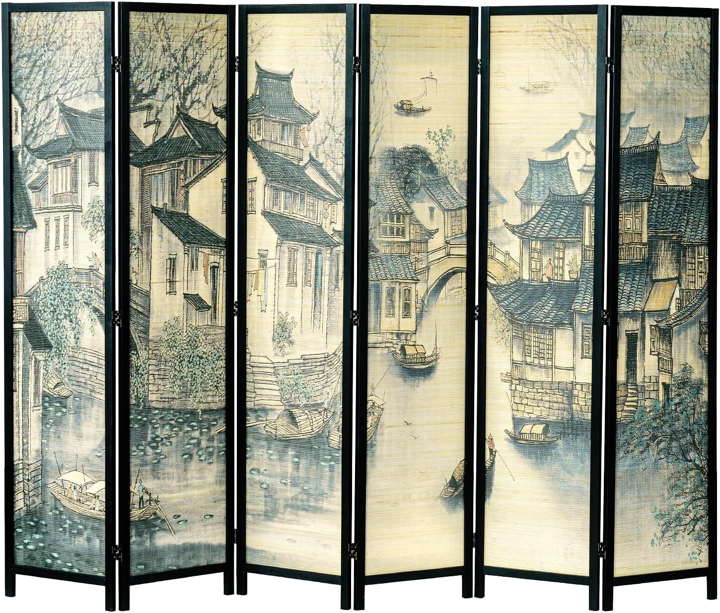 Black Wood Freestanding Bamboo Room Divider Privacy Partition, Folding Screen