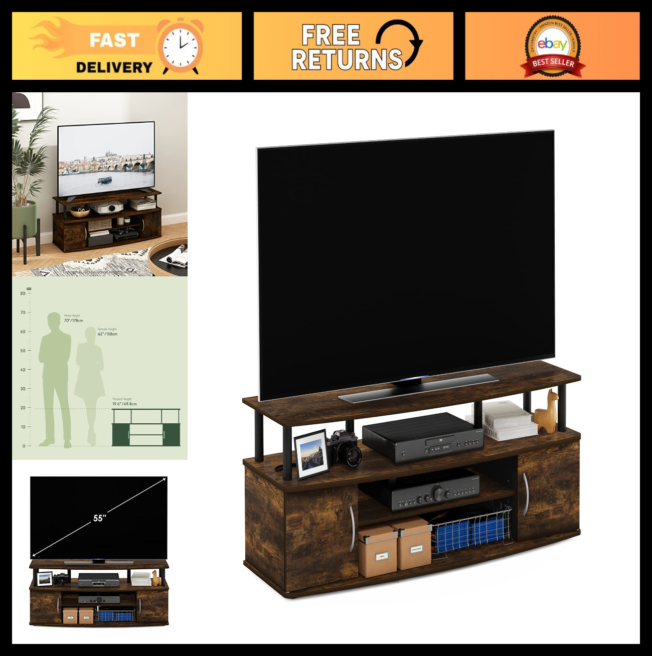 Entertainment Center TV Stand for 55″ TVs, Modern Design, Amber Pine & Black Fin