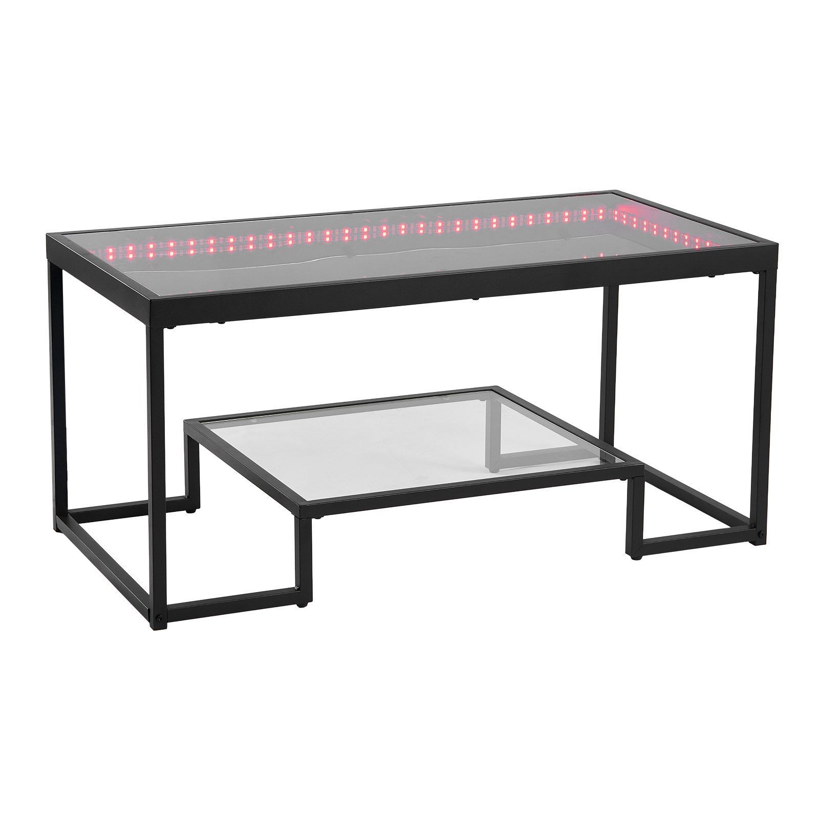 2-Tier Illuminated Glass Coffee Table, 100lb Max Load, Non-Slip Adjustable Feet