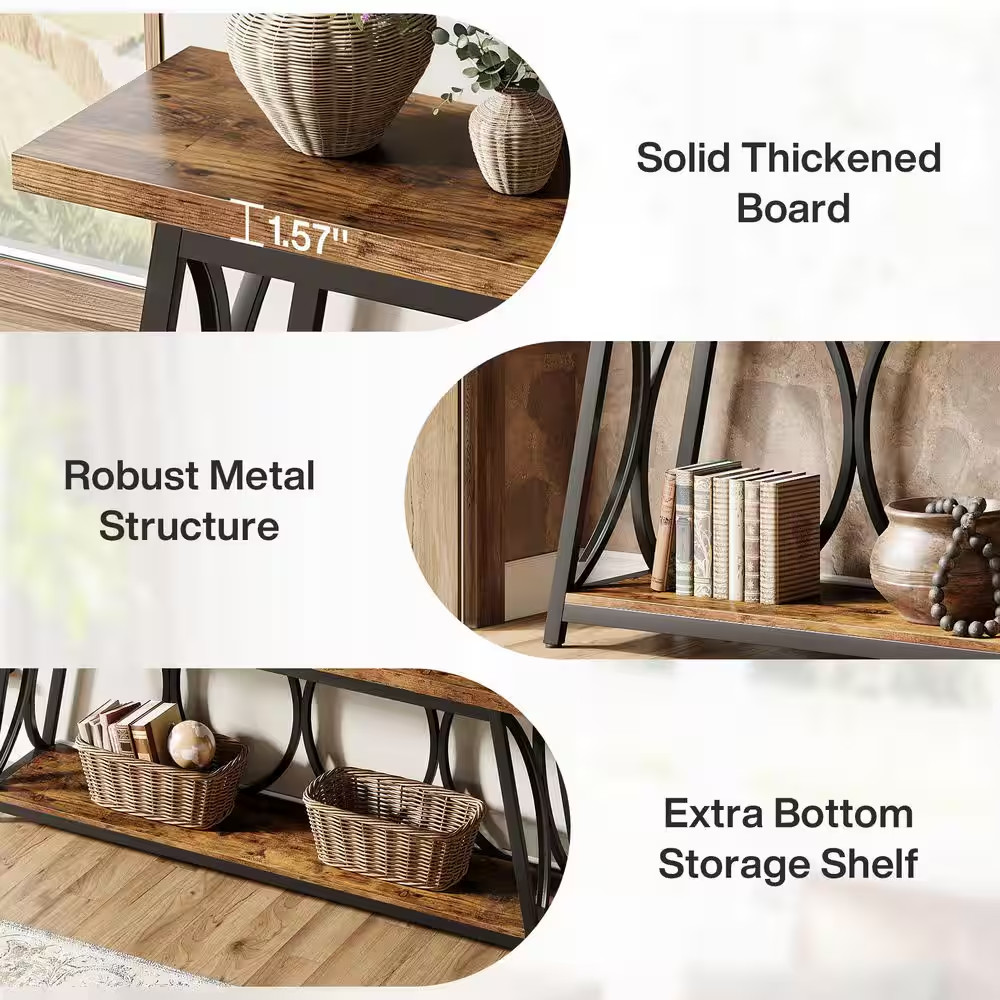 70.87 In. Brown Rectangle Wood Console Table with Metal Base and Shelf