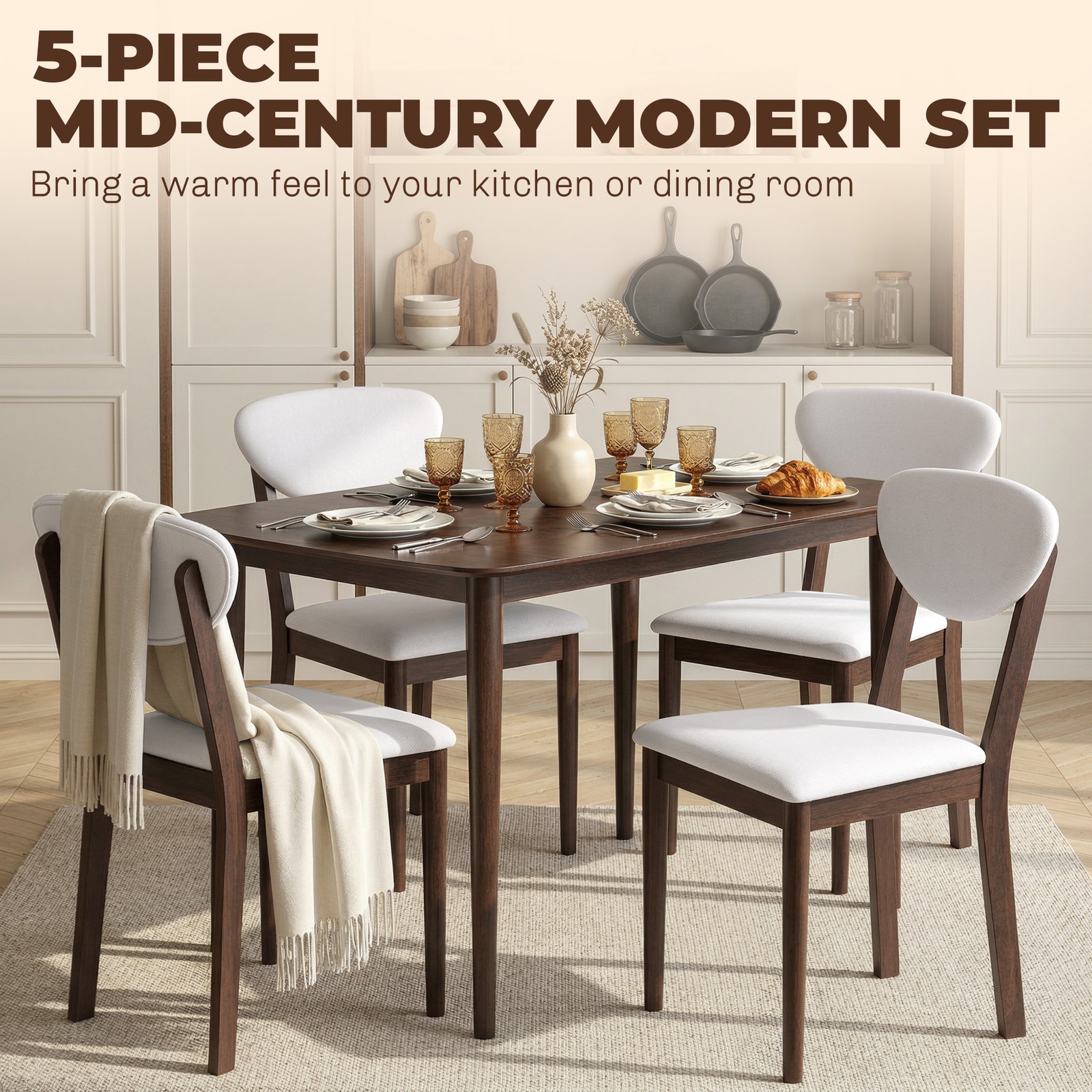 Dining Table Set for 4, Mid-Century Modern Kitchen Table and Chairs