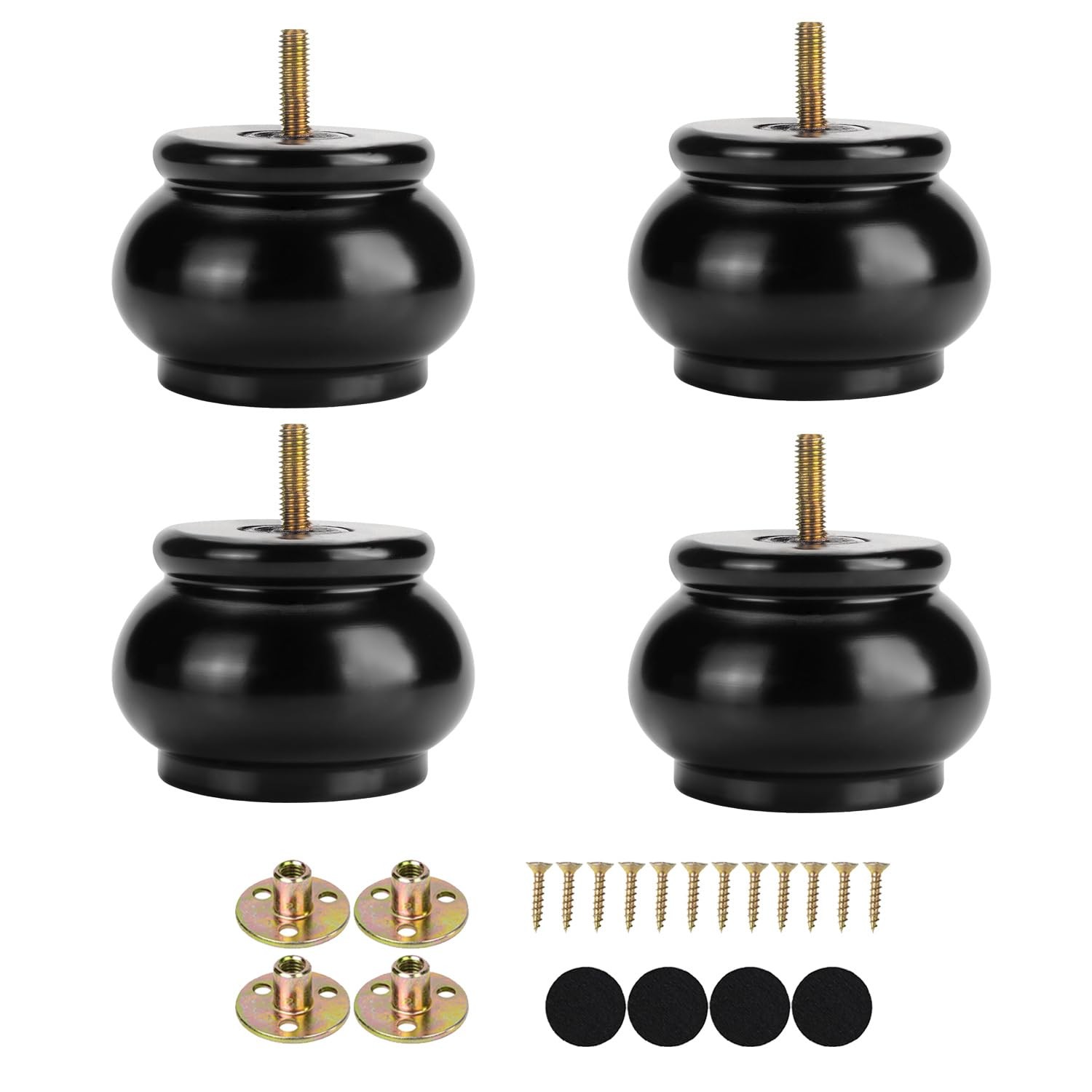 2-inch Black Wood Round Furniture Legs 4 Pack Predrilled M8 Bolt Feet
