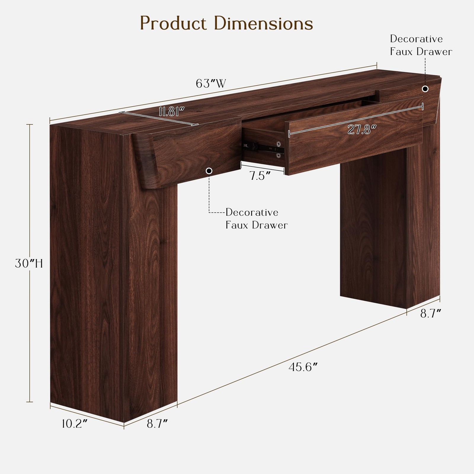 63″ Console Table with Drawer Storage Entryway Sofa Table Wood Legs Walnut