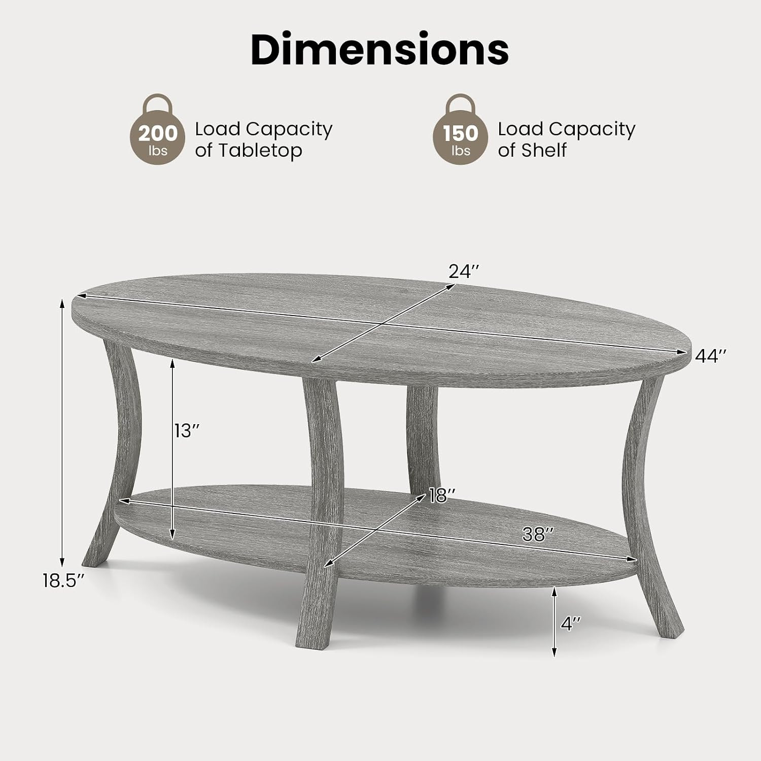 44 Inch Oval Coffee Table, 2-Tier Center Table with Storage Shelf & Rubber Wood