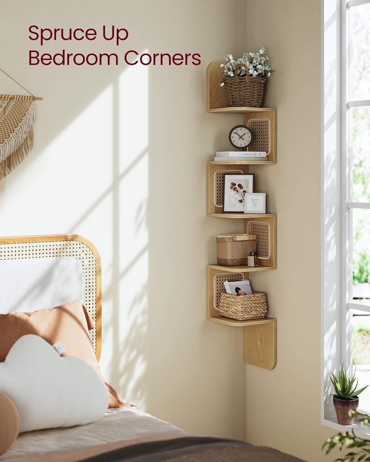 Space-Saving Zigzag Corner Shelf Unit with PVC Rattan Sides, 55lb Capacity