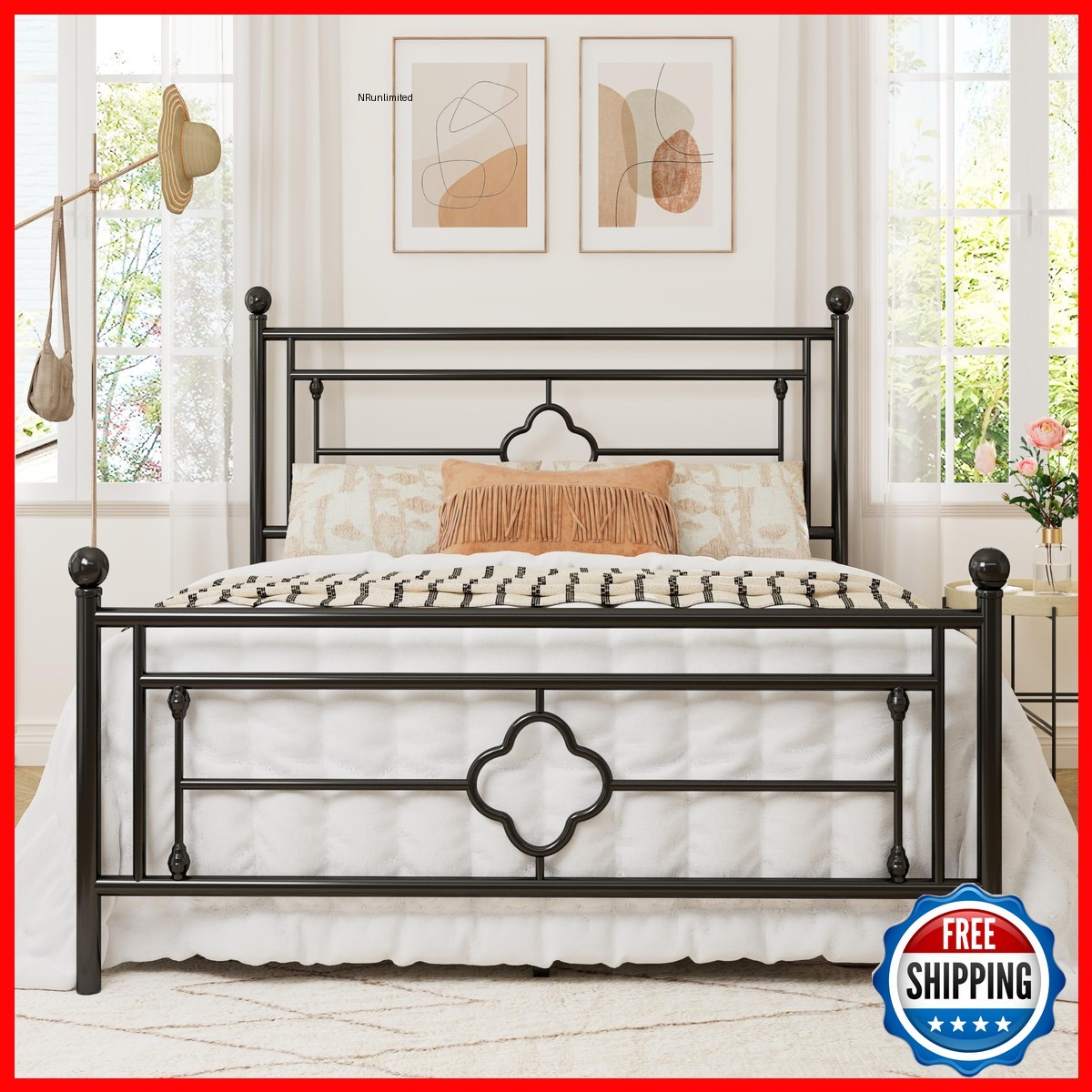 Allewie Queen Size Metal Platform Bed Frame Victorian Headboard Black