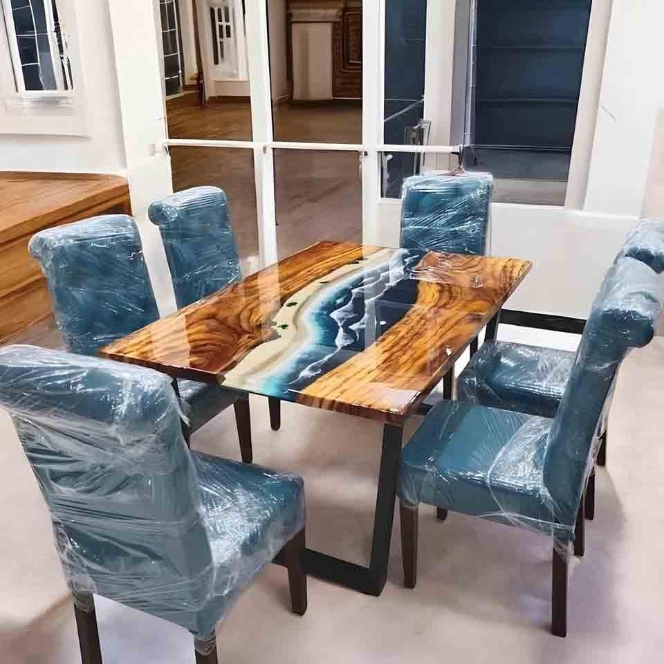Handmade Epoxy Resin Blue Ocean Wave Dining Table Luxury Reception Counter Desk