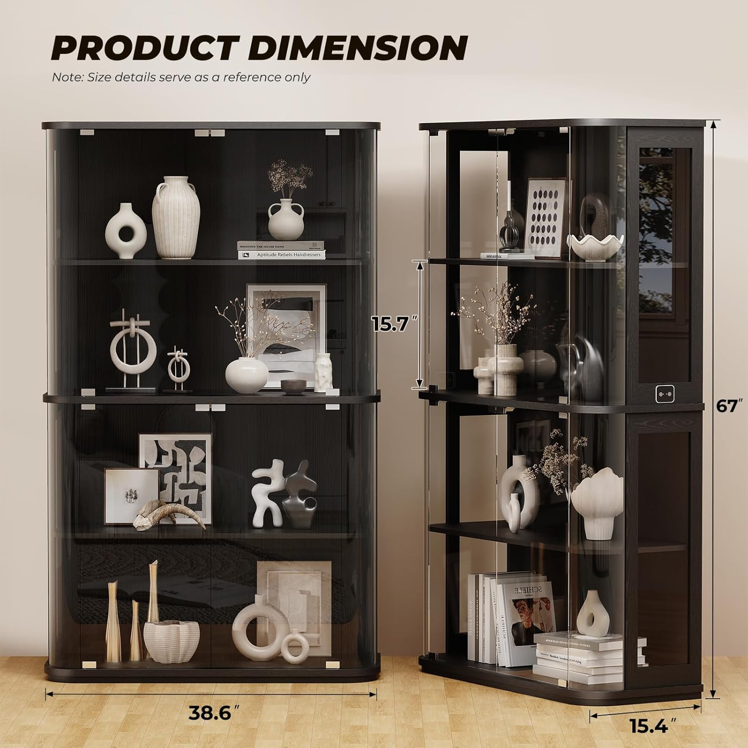 BROTTAR Large Rounded Display Cabinet with Glass Door, 4-Tier Curio Cabinet with