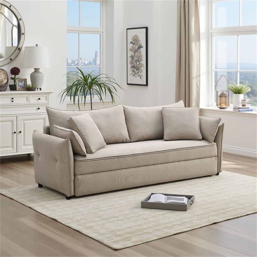 Pemberly Row 87 Inch Sofa with Full Size Pull Out Sleeper Wood in Beige Fabric