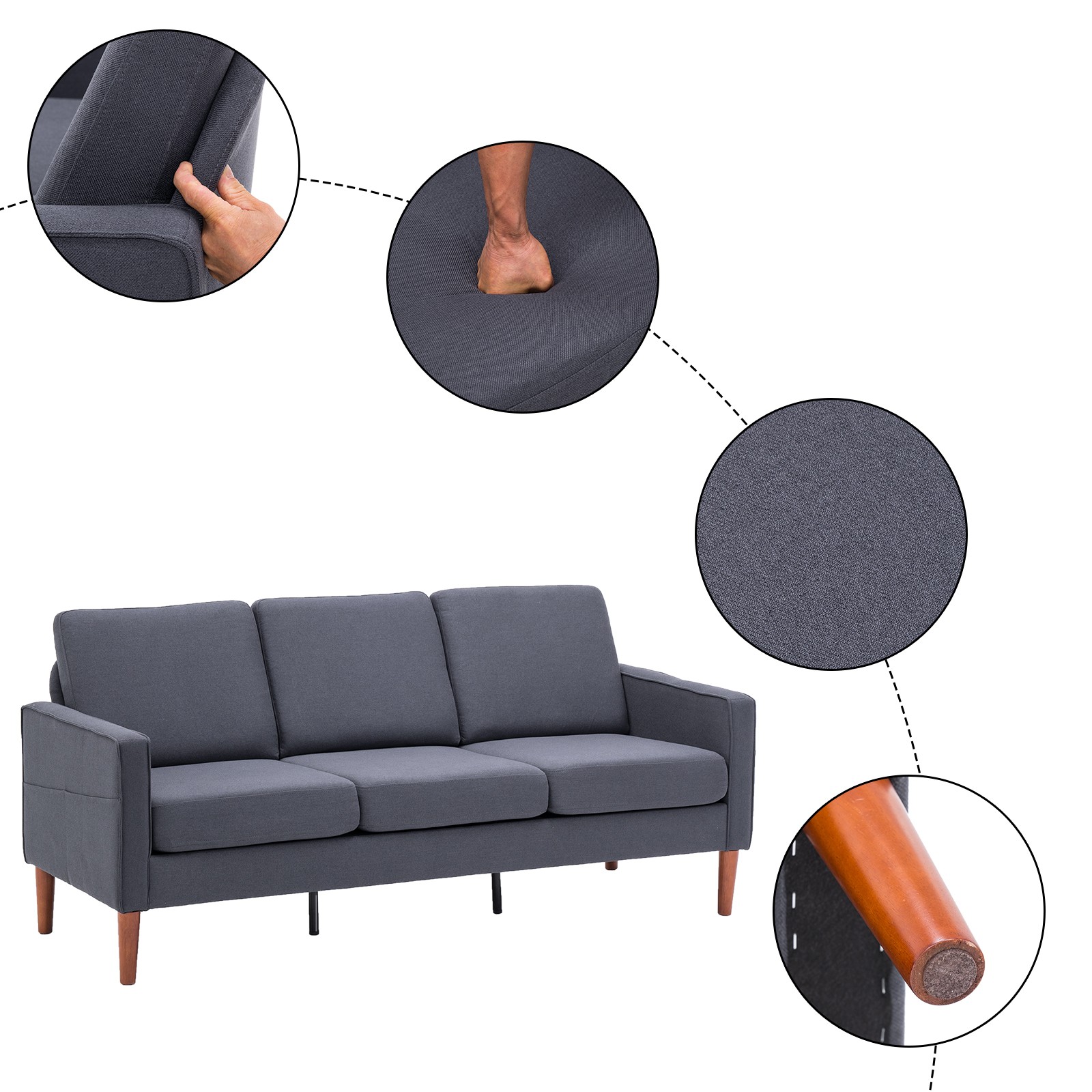 Linen Solid Wood Legs 3 Seats Without Chaise Concubine Modular Sofa Dark Grey