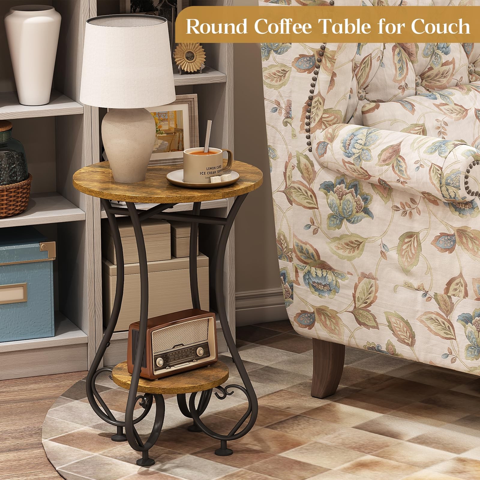 X-cosrack Small Round Side Table with Lower Shelf for Small Spaces, Compact End