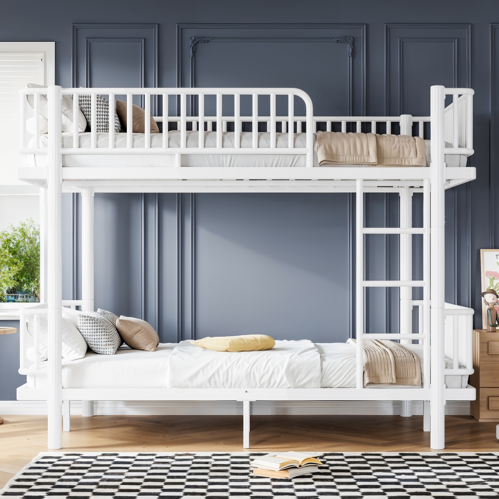 Full over Full/Queen over Queen Bunk Bed w/Ladders & Guardrails Metal Bunk Bed