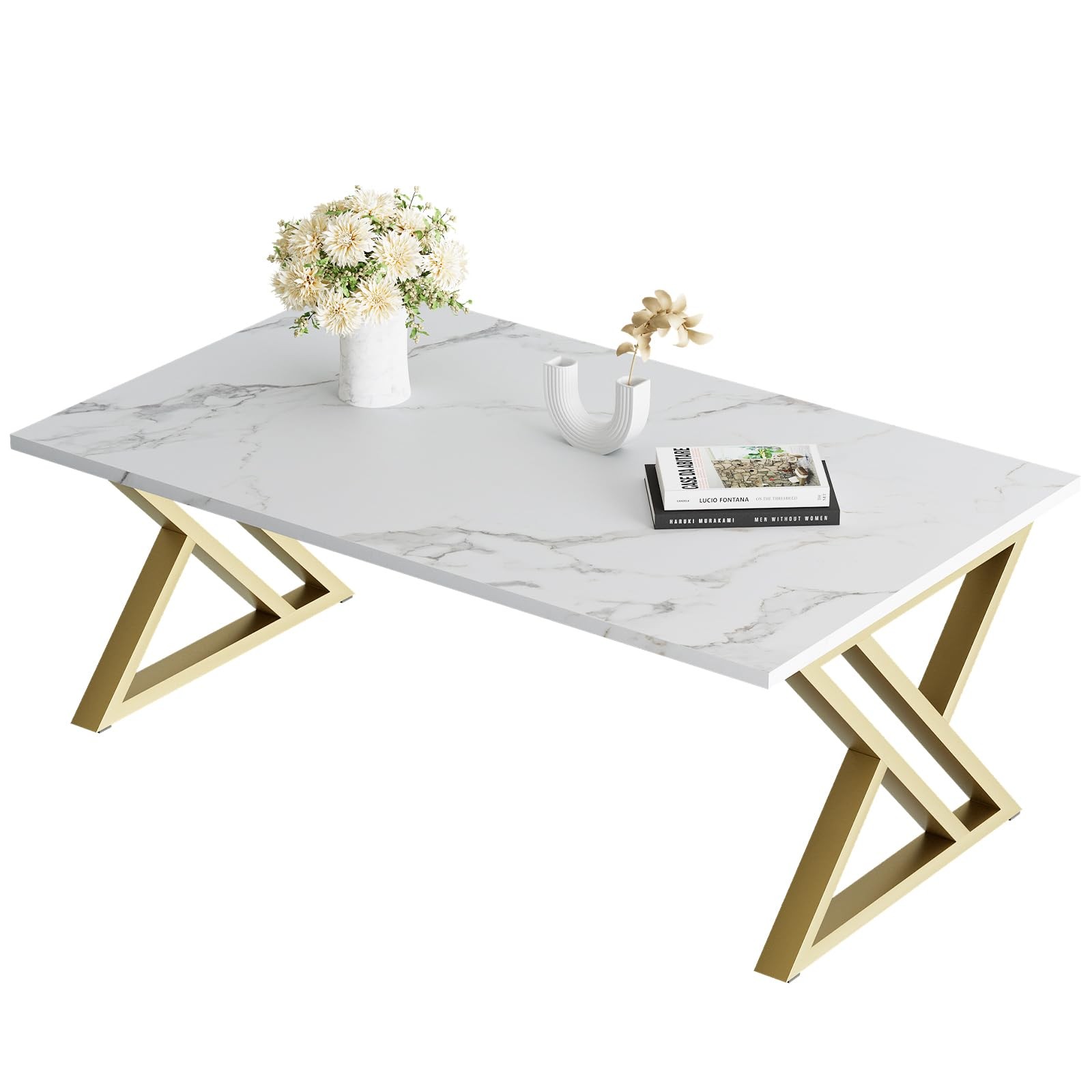 Coffee Table – White Living Room Center Table, Simple Modern Faux Marble Rect…