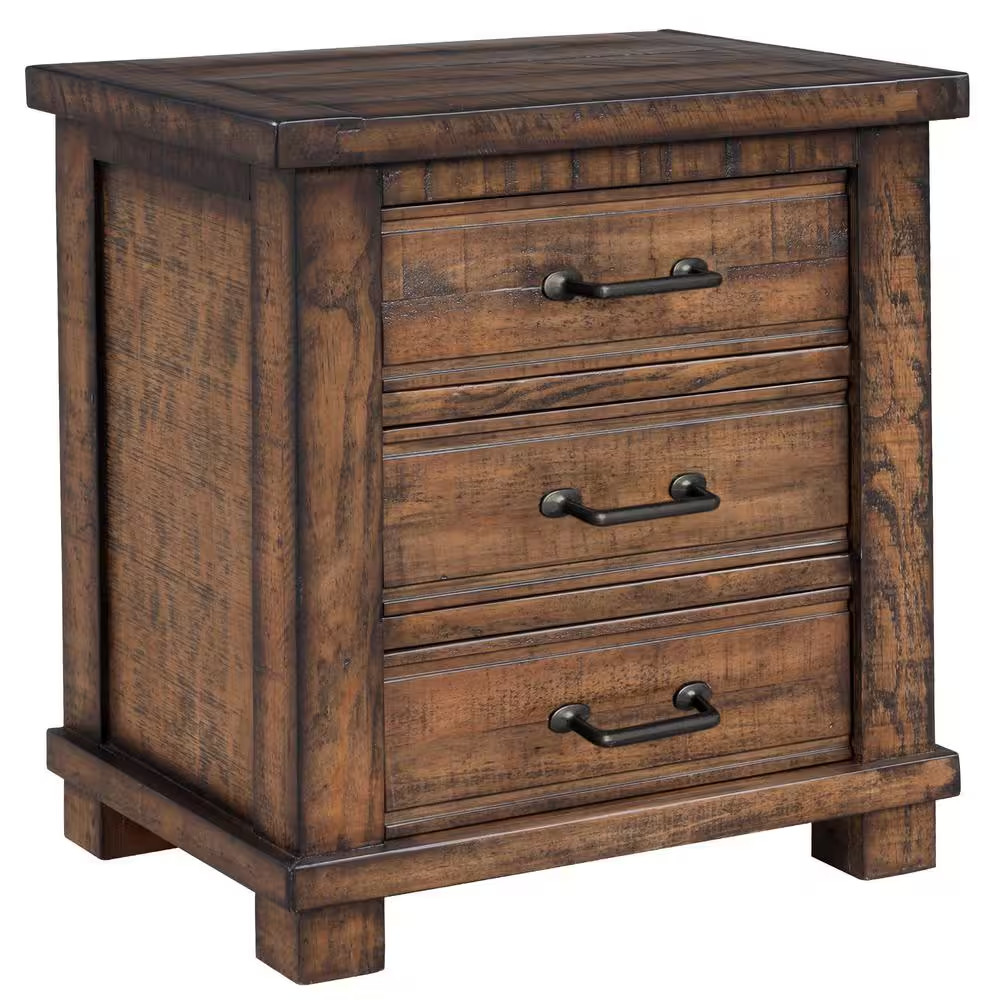 Rustic Walnut Brown 3-Drawer 24 In. W. Reclaimed Solid Wood Nightstand