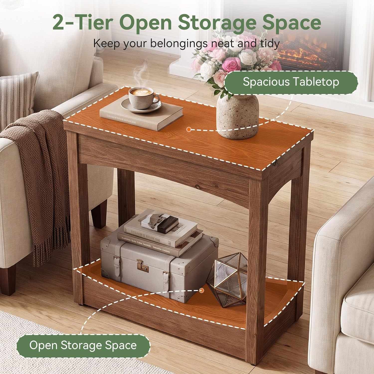 23.62″ Solid Wood End Table,Rectangle Side Table w/ 2-Tier Shelf for Small Space