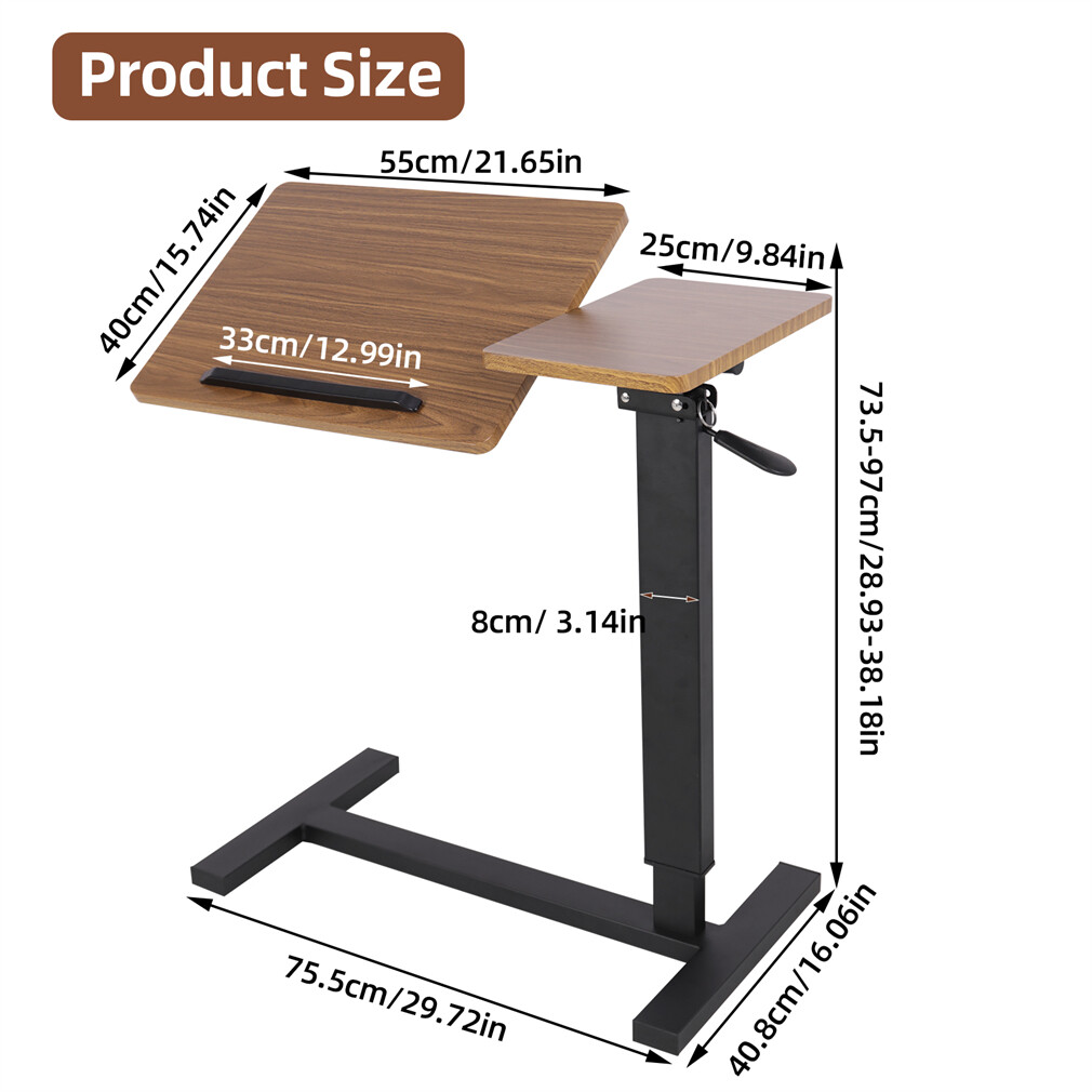 Overbed Trolley Bedside Table Walnut Wood Adjustable Height Angle Rolling Wheel