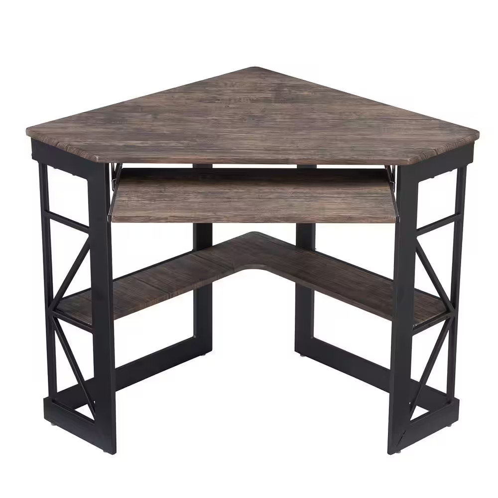 Corner Desk, 29.5 In. W Triangle Brown Computer Desk, Wooden Desk, Sturdy Steel
