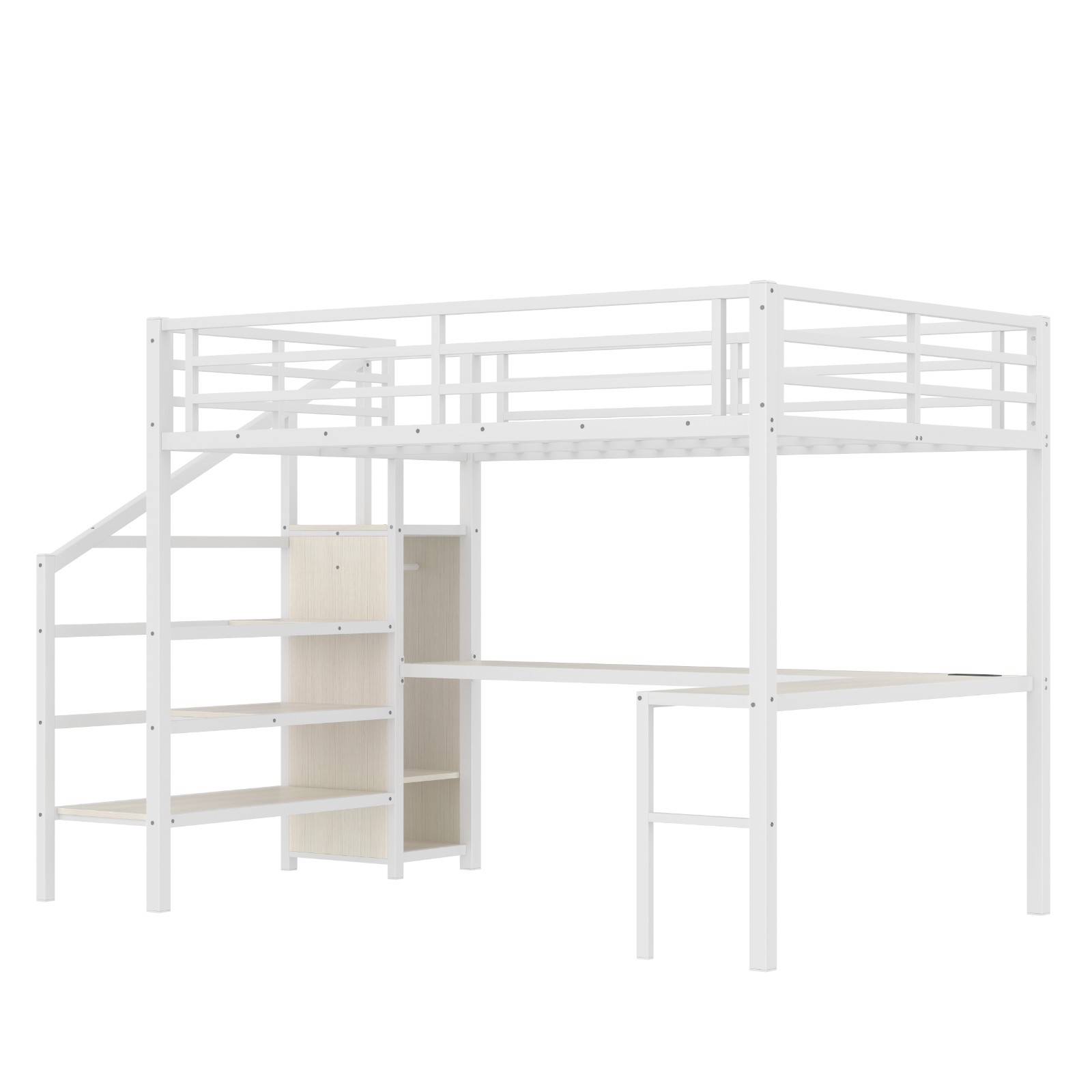 Queen Size Loft Bed with L-shaped Desk,Wardrobe and Adjustable Shelf for Kids