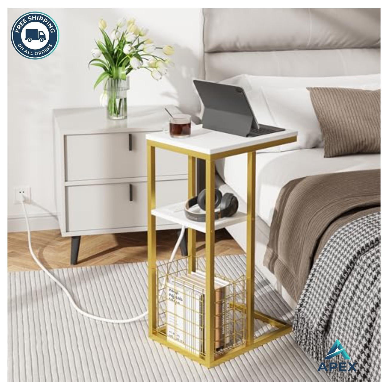 C Shape End Table with Charging Station 28 Inch Tall Side Table for Couch Small