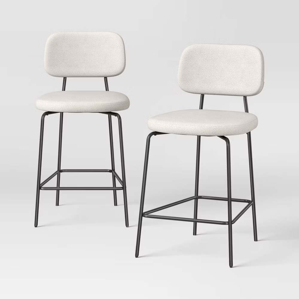 2pc 24″ Upholstered with Metal Base Counter Height Barstool Cream Boucle –