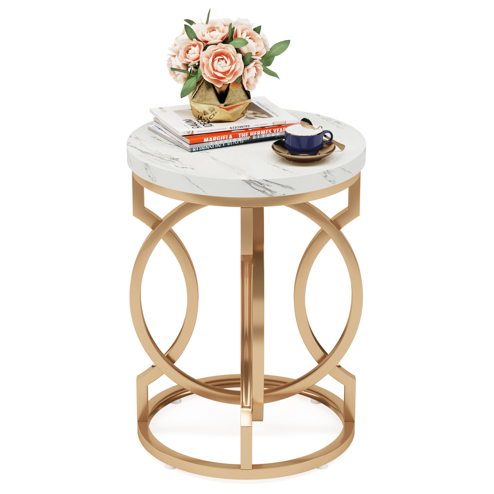 20″ White Gold Faux Marble Round Side End Table for Living Room Accent Table