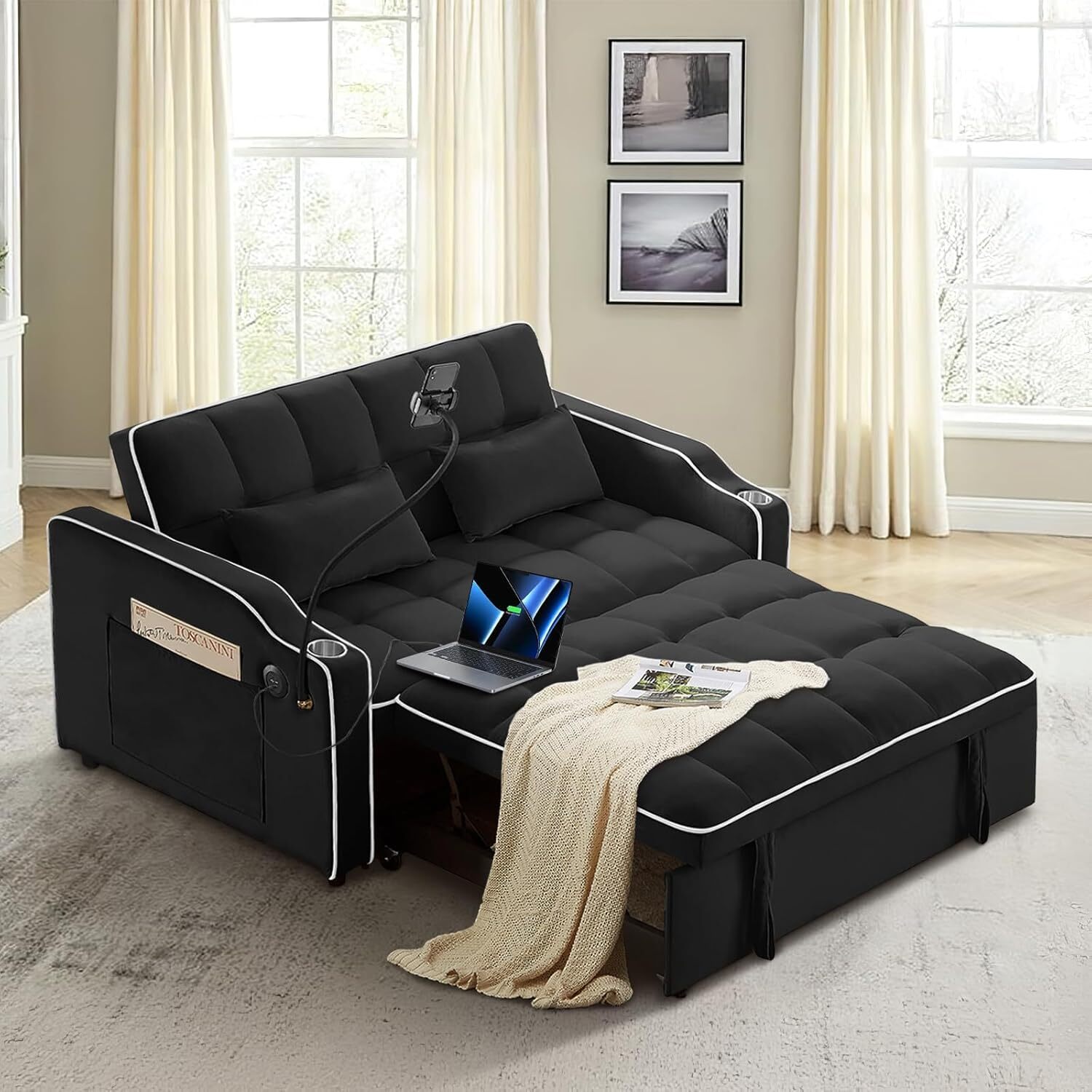 3 in 1 Convertible Pull-Out Sofa Bed Sleeper Couch With USB Ports & Phone Stand