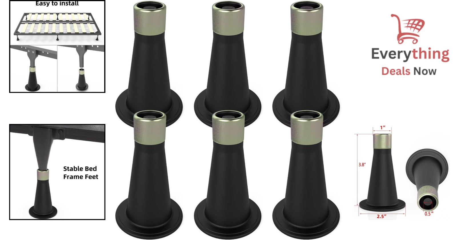6 Pack Black and Gold Bed Frame Feet Risers, Easy Installation, Durable Design