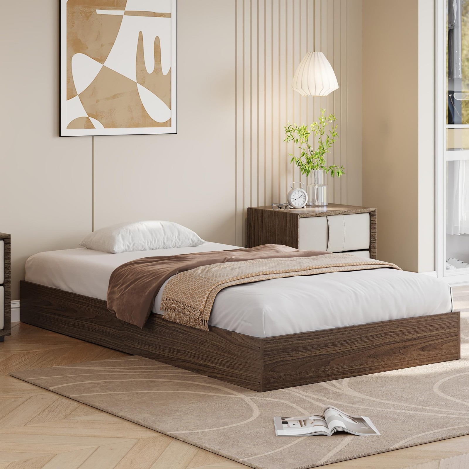 Walnut Full Size Wood Platform Bed Frame No Headboard Wood Slats Easy Assembly