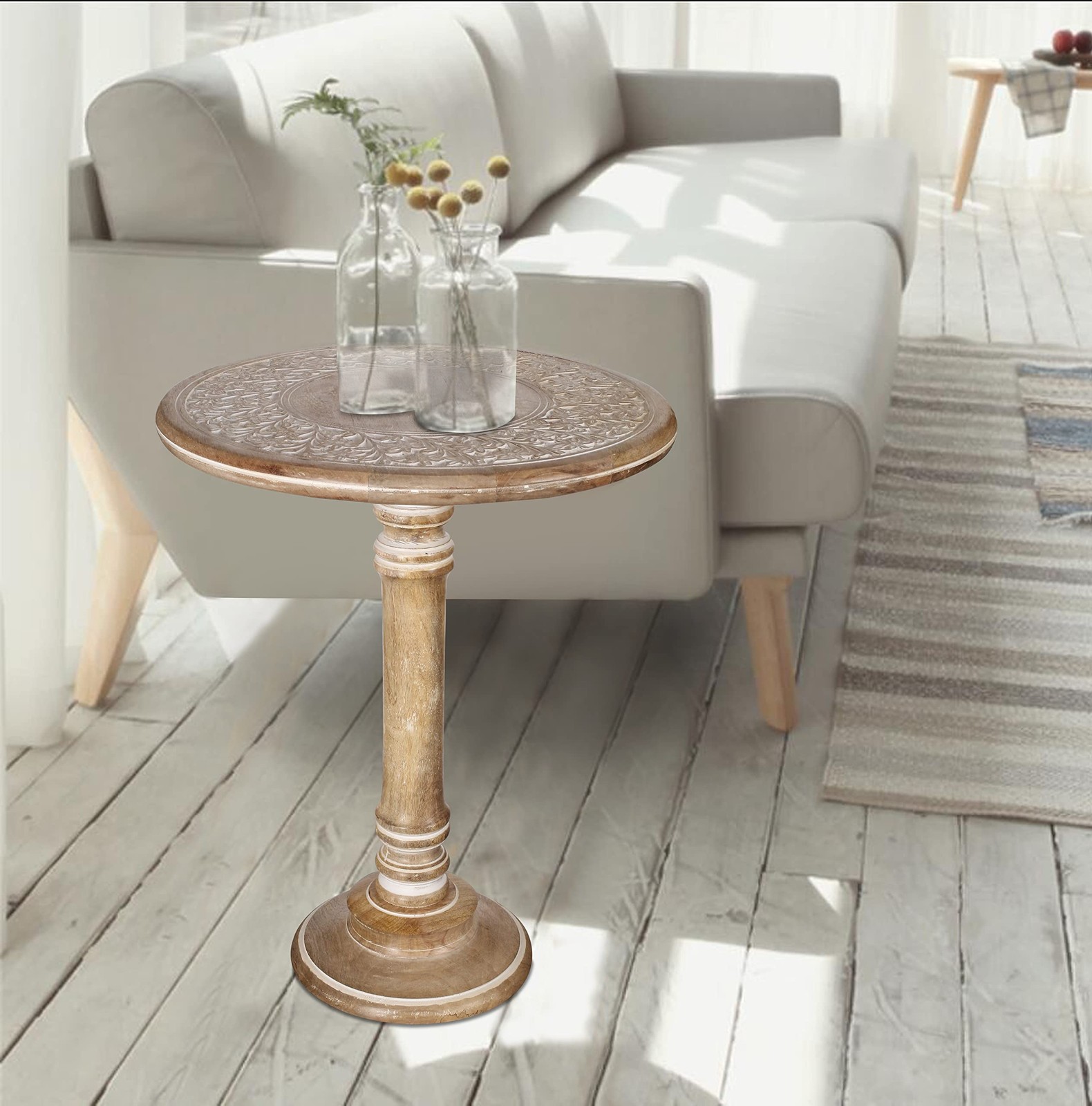 Goroly Home Handcarved Solid Wood Pillar Accent 18×22 – Pillar, White Wash